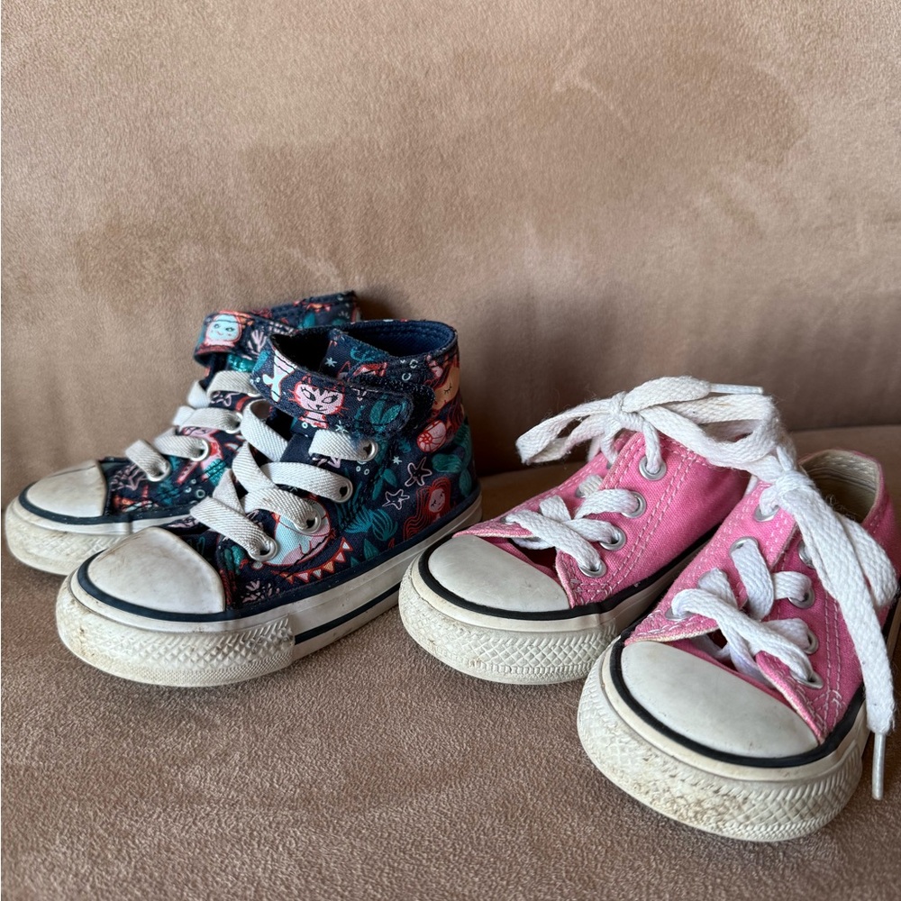 Converse 2 Pair Girls All Star Shoes Pink Size 4 and Mermaid Size 5 High Tops